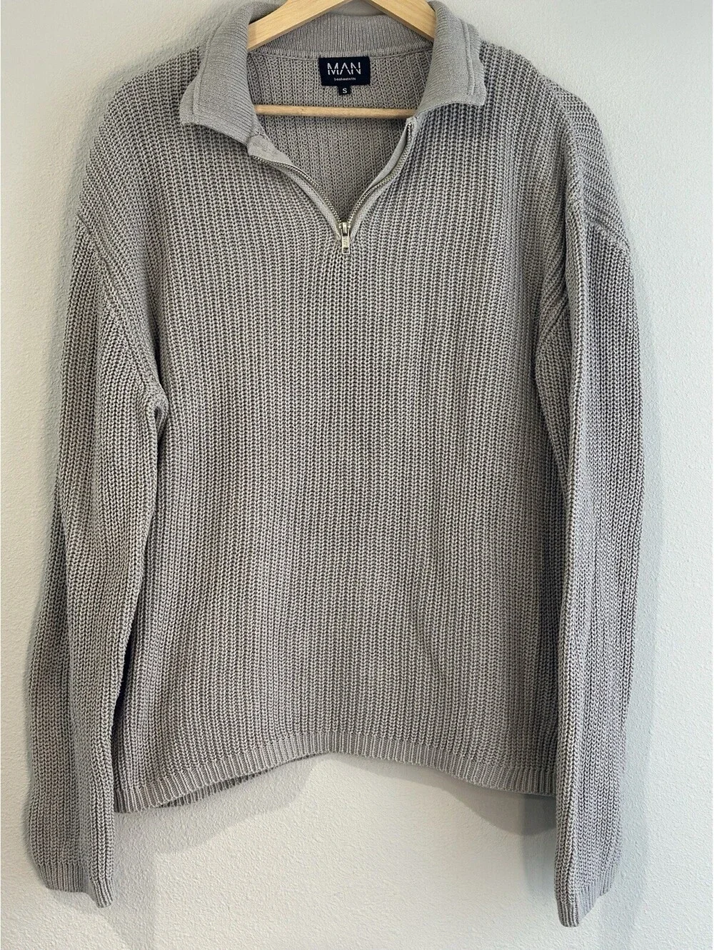 MAN BoohooMan Ribbed Quarter Zip Funnel Neck Sweater Men’s SMALL 100% Cotton